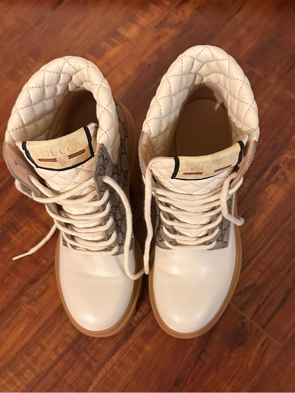 Gucci White Leather & Brown GG Canvas Quilted Lace-Up Heeled Boot - Picture 7 of 7
